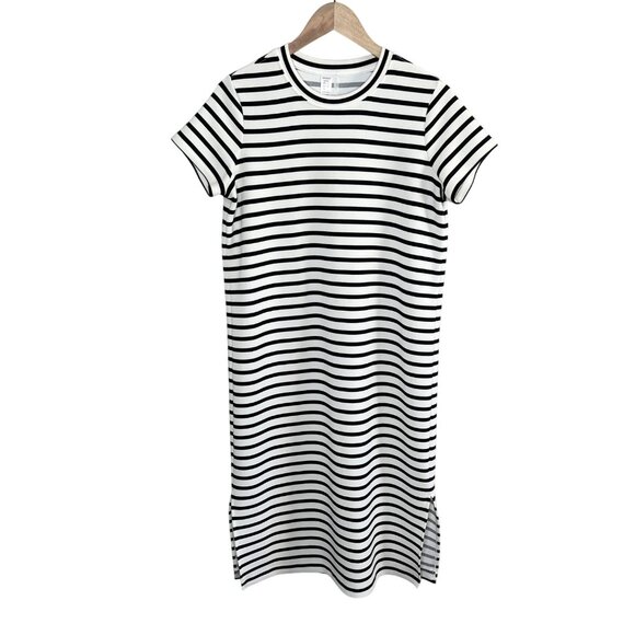 Spanx Airessentials Black White Midi Striped T-Shirt Dress Short Sleeve Medium - Picture 1 of 12
